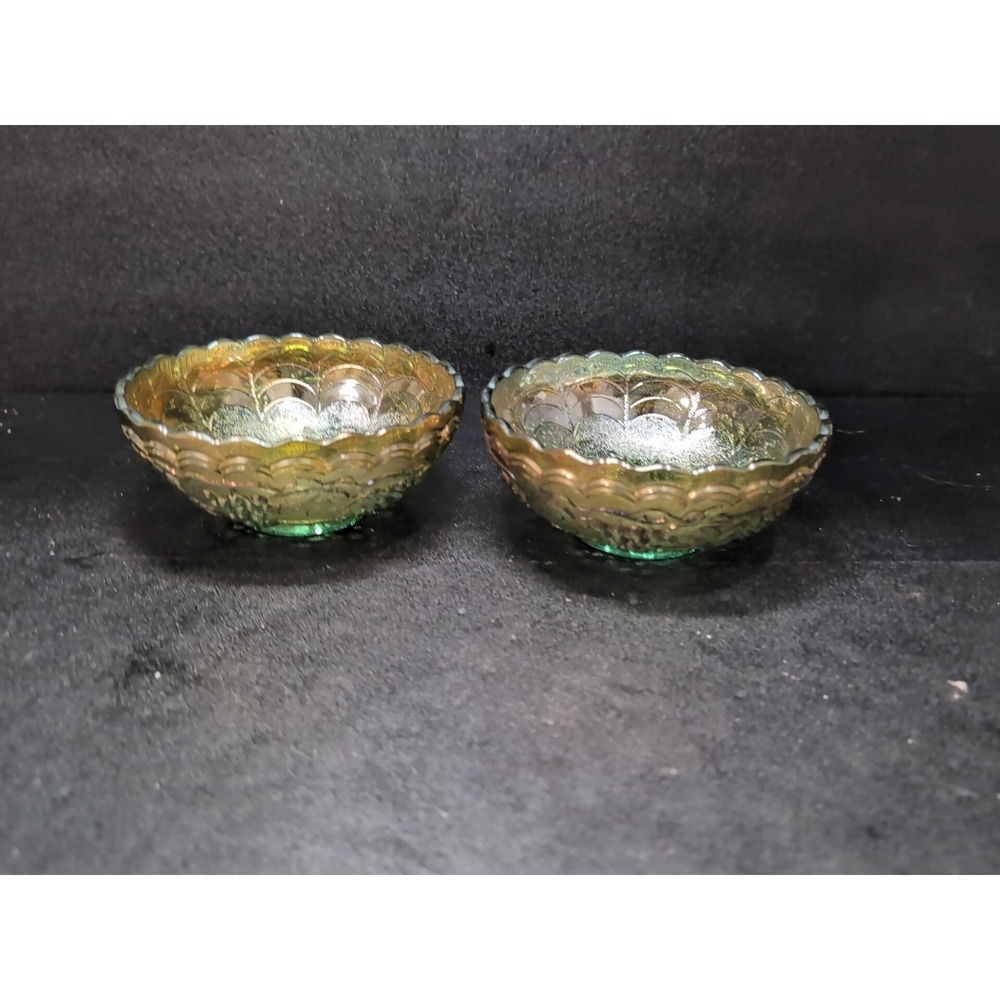 Imperial Grape Helios Leaf Green Gold Carnival Glass Bowls, Scalloped Set‎ of 2